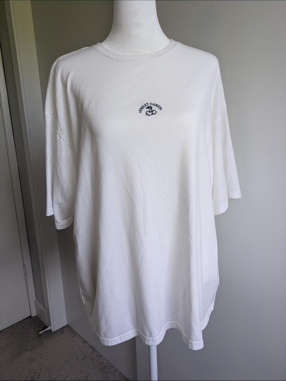 White Embroidered Cherry "Sweet Candy" Oversized T-Shirt - Picture 1 of 4